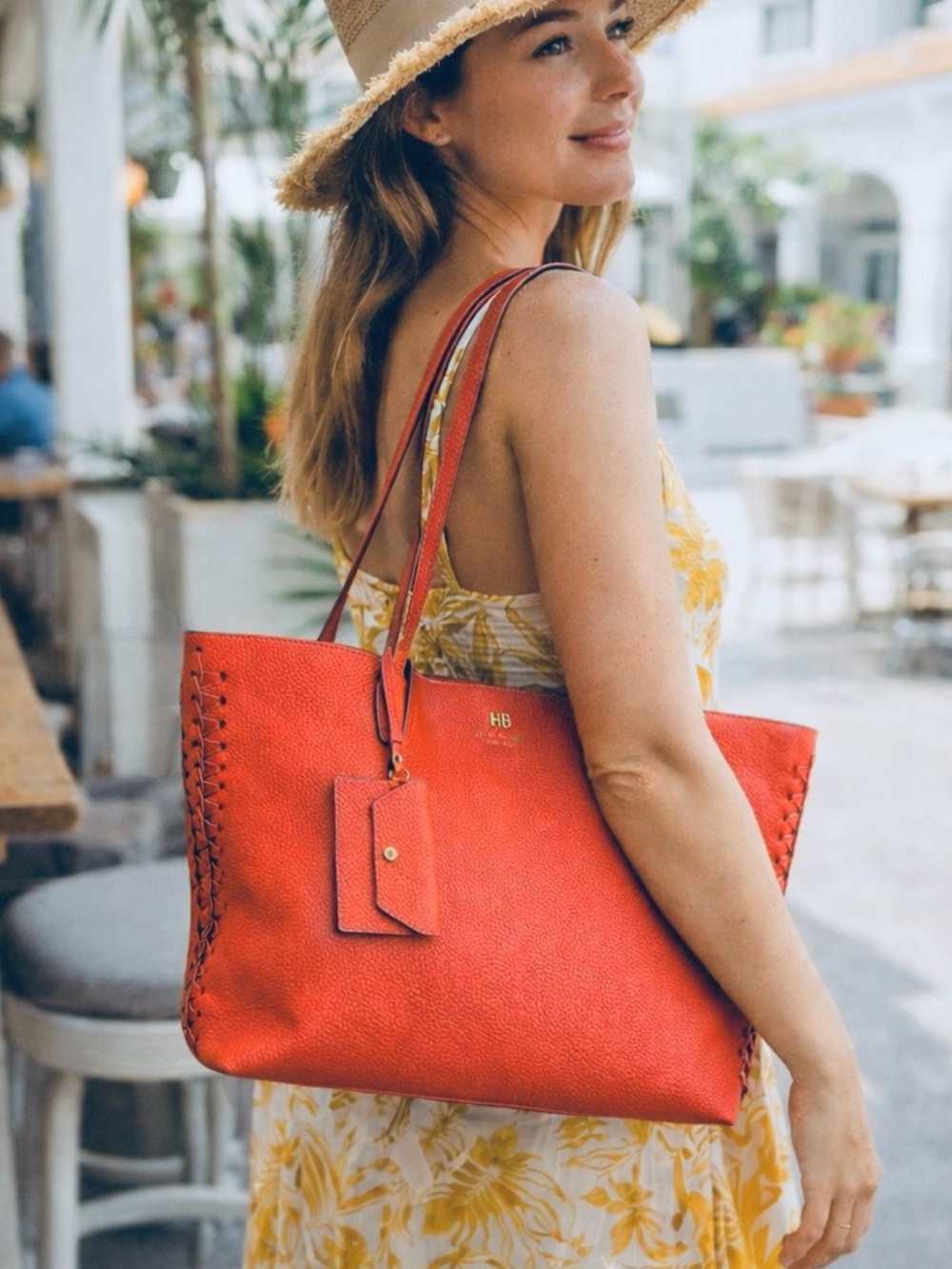 Henri BENDEL Orange Coral Leather Noho Novelty Gusset Large Braided Work Bag
